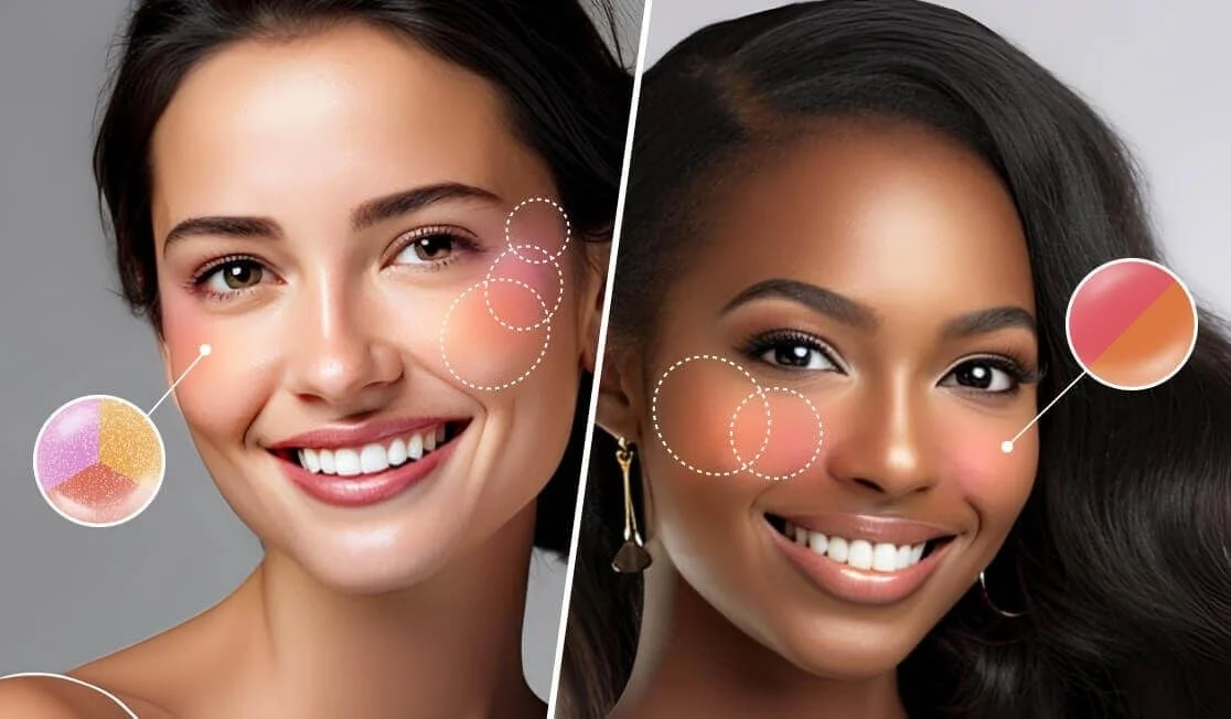 Imagen que muestra la aplicaci&oacute;n de colorete virtual en diferentes tonos de piel