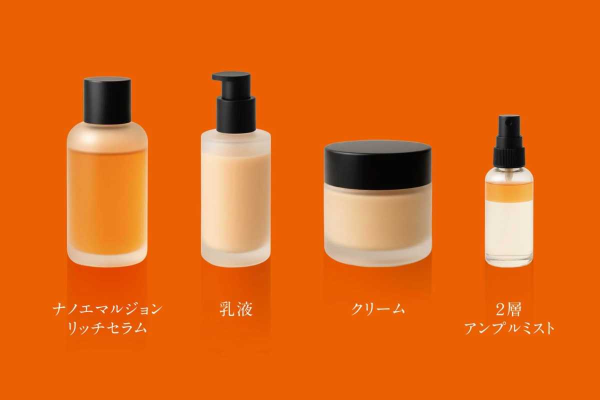 スキンケア,化粧品,美容液,乳液,クリーム,ミスト,化粧水,コスメ,フェイスケア,オレンジ背景