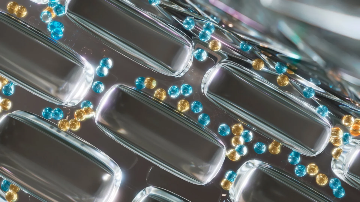 Imagen abstracta de nanotecnolog&iacute;a con esferas azules y doradas