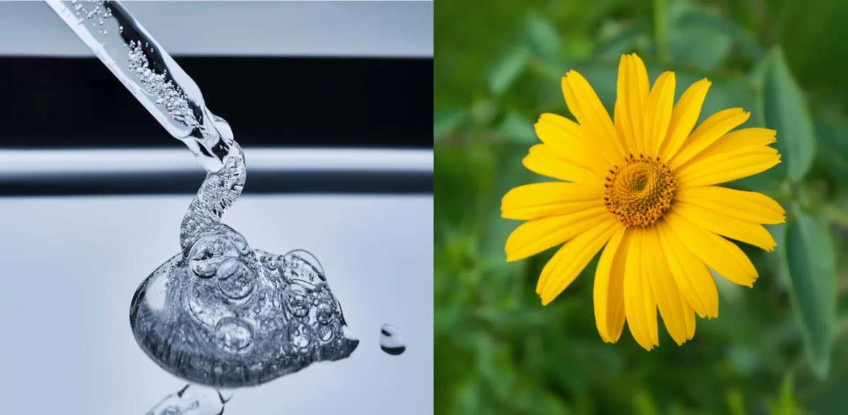 Gotero con l&iacute;quido y flor amarilla