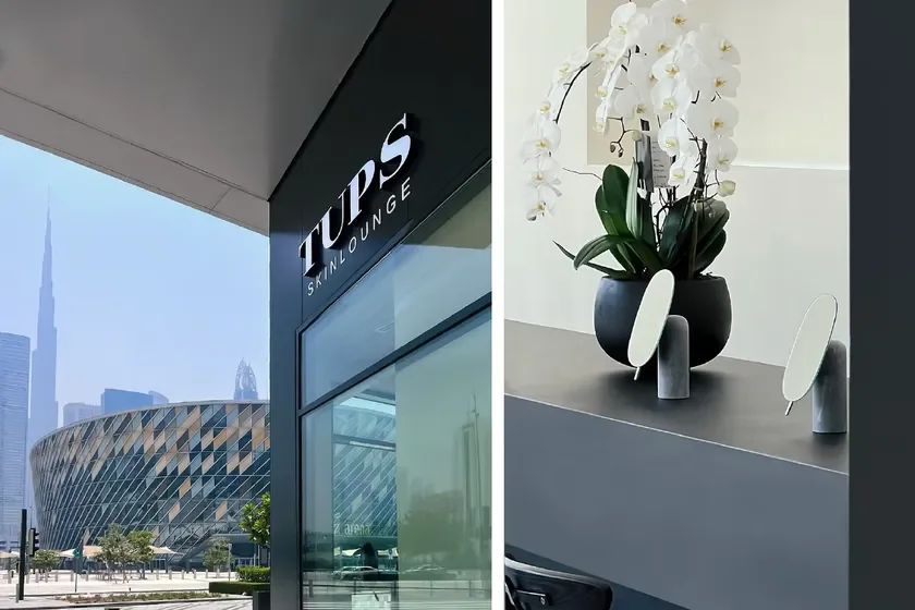 Interior moderno de un sal&oacute;n TUPS SKINLOUNGE con vistas a la ciudad