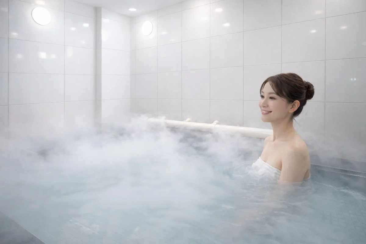 Mujer relajándose en el baño de nanoniebla