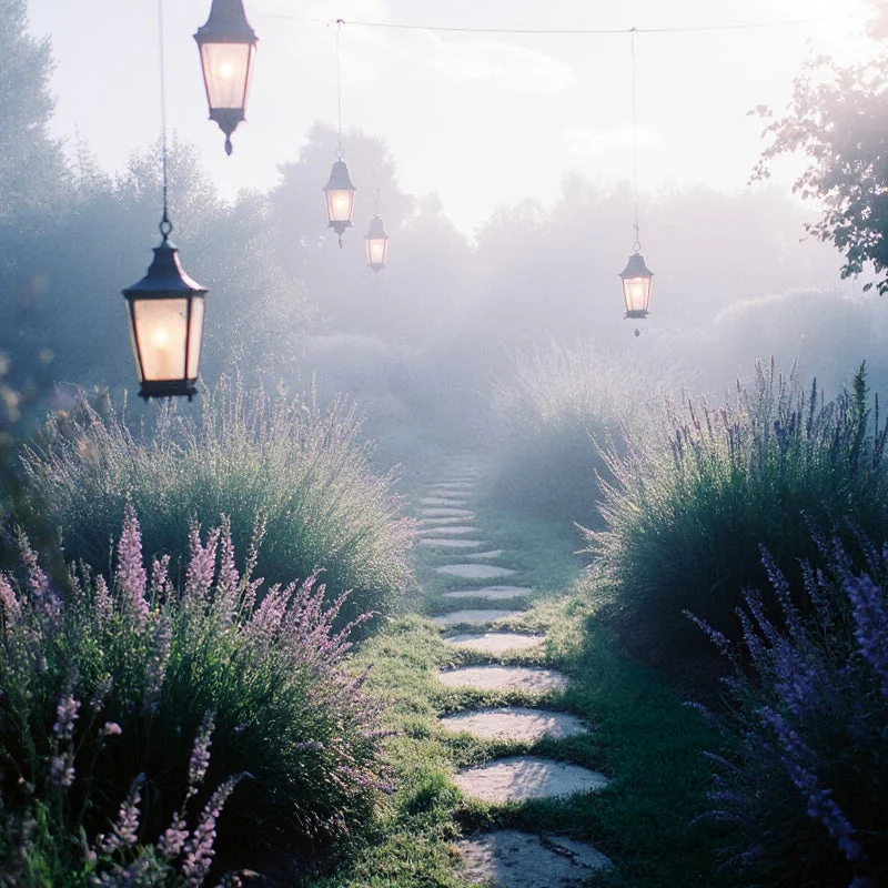 Sendero en jard&iacute;n neblinoso con linternas