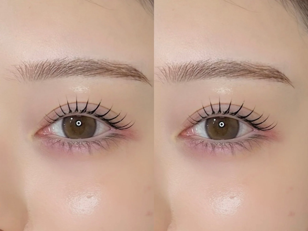 Primer plano de un ojo de mujer con pesta&ntilde;as rizadas y cejas arregladas