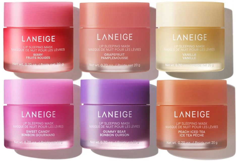 Varias mascarillas labiales nocturnas de LANEIGE con diferentes sabores