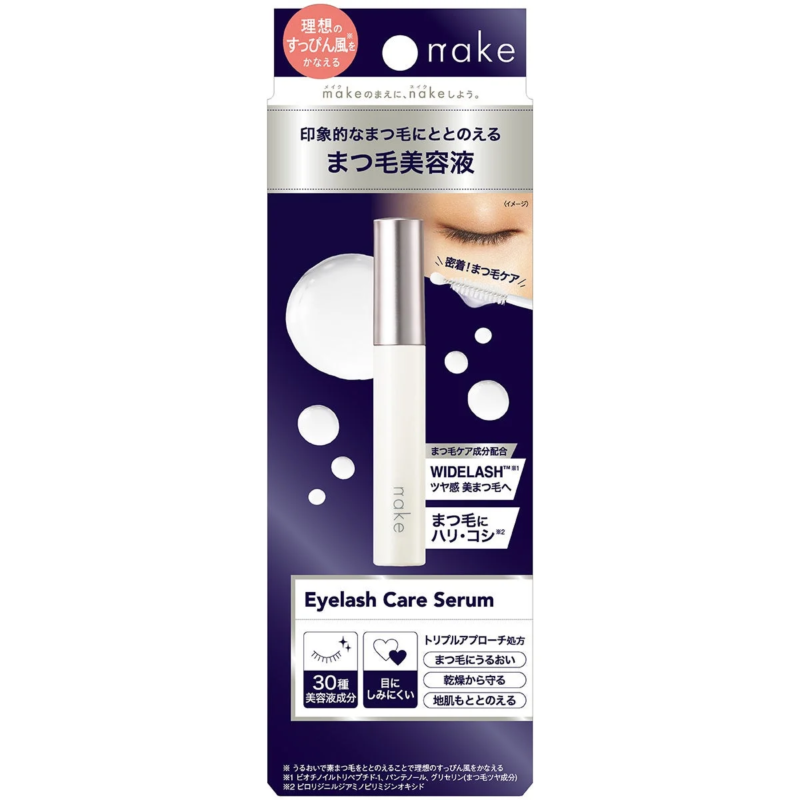 Primer plano de un ojo con pesta&ntilde;as largas y el envase del nake Eyelash Care Serum, que detalla sus caracter&iacute;sticas
