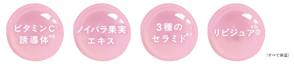 C&iacute;rculos que muestran los ingredientes hidratantes clave: derivado de vitamina C, extracto de fruto de rosa silvestre, 3 tipos de ceramidas, Lipidure