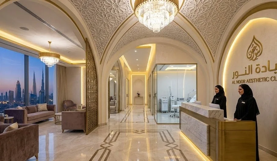 Recepci&oacute;n y sala de espera de una cl&iacute;nica de est&eacute;tica de lujo en Dub&aacute;i con vistas nocturnas y decoraci&oacute;n &aacute;rabe