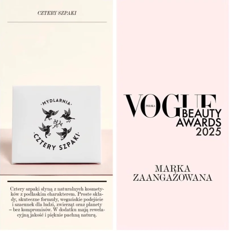 Art&iacute;culo de Vogue Polska Beauty Awards 2025 que destaca a Cztery Szpaki (4Starlings) como "Committed Brand"