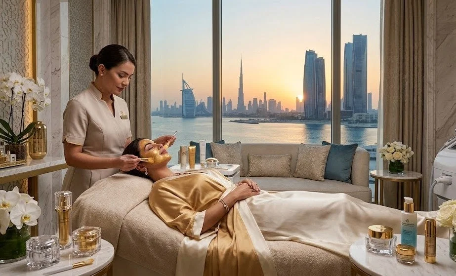 Mujer recibiendo un tratamiento facial de oro en un lujoso spa con vistas a la ciudad de Dub&aacute;i al atardecer