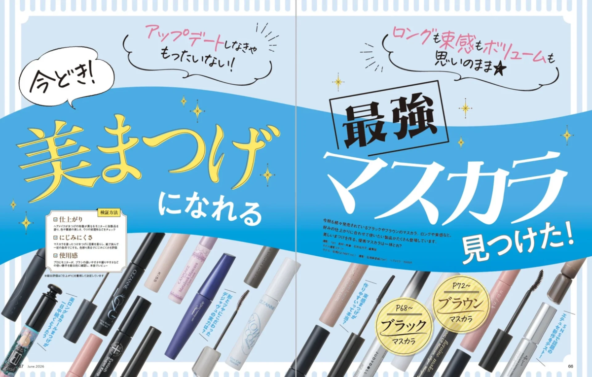 P&aacute;gina de la revista sobre m&aacute;scaras de pesta&ntilde;as, con ejemplos de aplicaci&oacute;n y comparaciones.