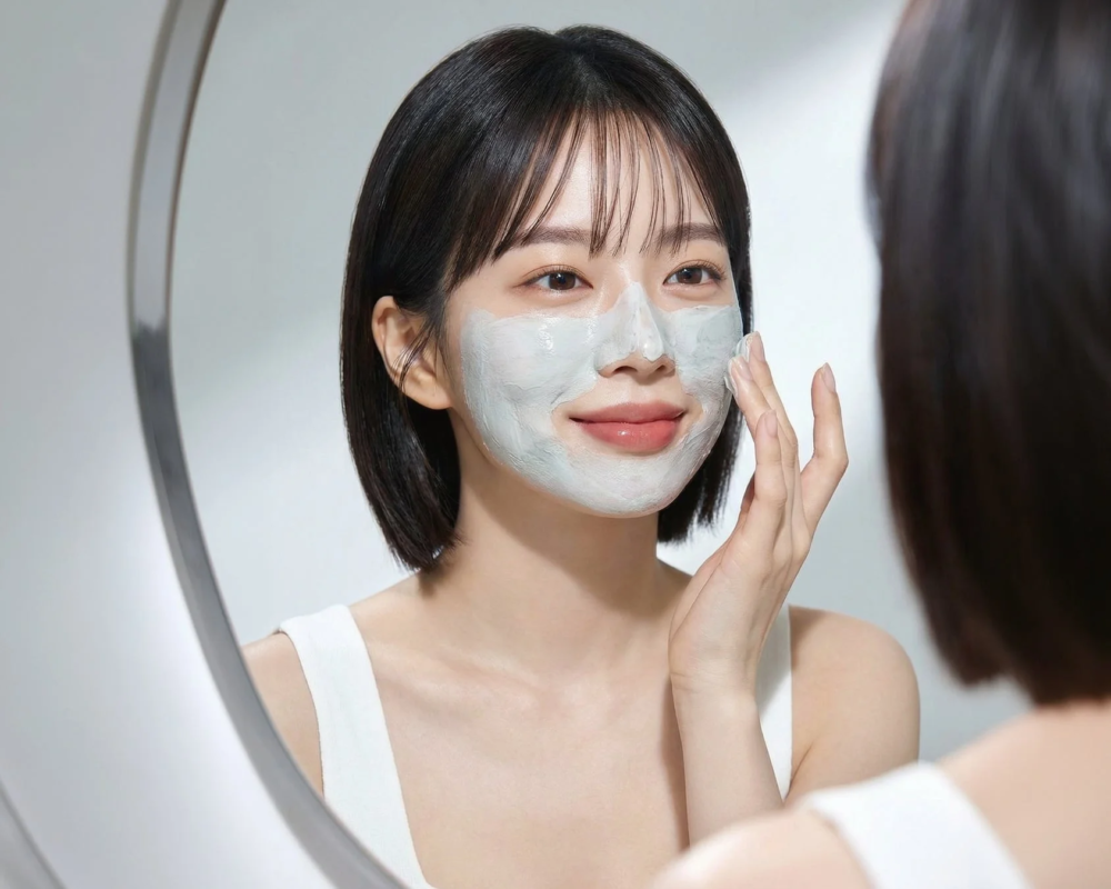 Mujer aplic&aacute;ndose una mascarilla facial