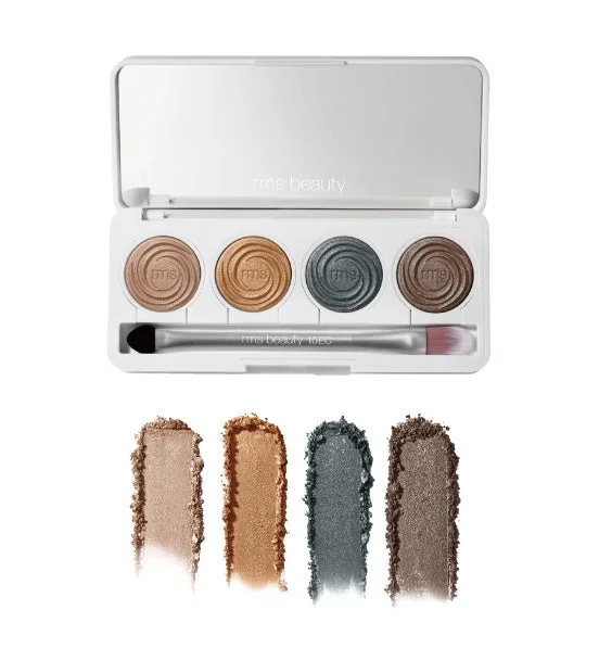 Paleta de sombras de ojos y swatches en tonos dorados, bronce, gris verdoso y marrones