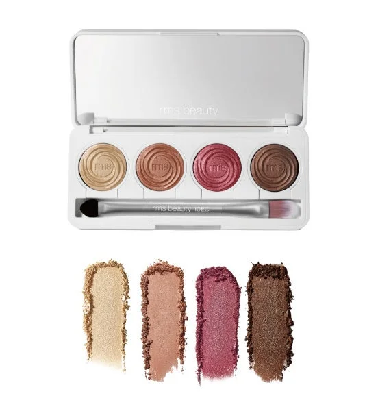 Paleta de sombras de ojos y swatches en tonos dorados, bronce, marr&oacute;n y bayas