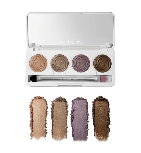 Paleta de sombras de ojos y swatches en tonos dorados, marrones y morados