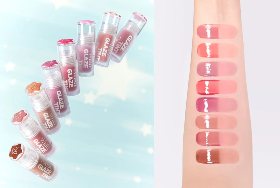 Colecci&oacute;n de tintes labiales Wish Glaze Tint de tiptoe con swatches en el brazo