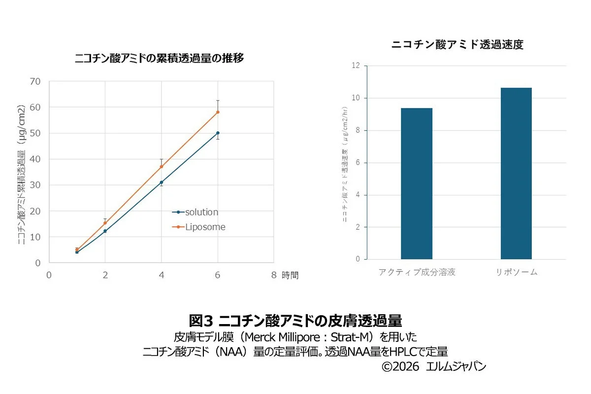 Cantidad de permeación cutánea de nicotinamida: Solución vs. Liposoma