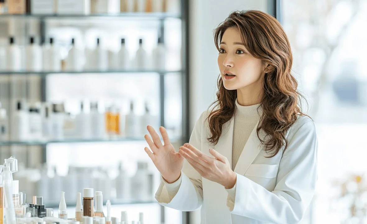 Profesional explicando sobre cosméticos