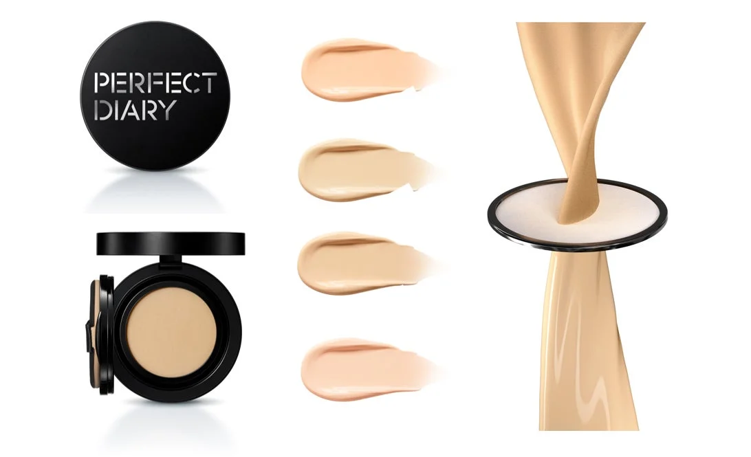 Base de maquillaje en cojín PERFECT DIARY y muestras de color