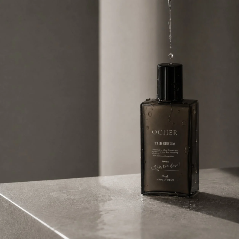 Botella de OCHER THE SERUM con gotas de agua