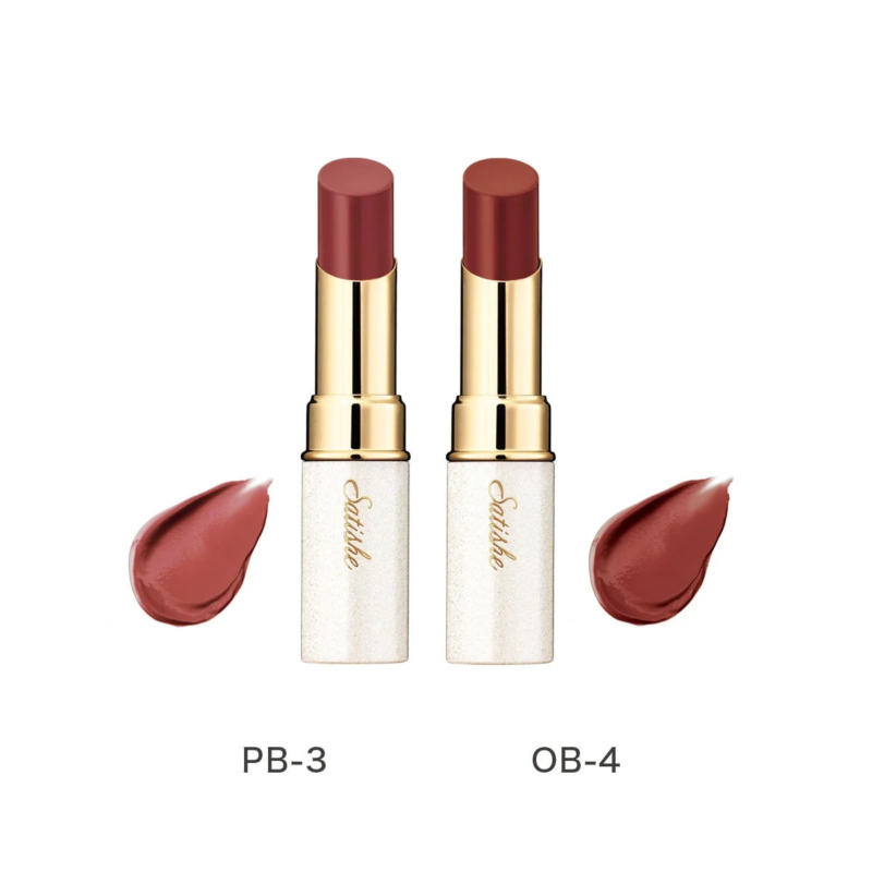 Labiales Satishe Creamy Lipstick PB-3 y OB-4 con sus muestras de color.
