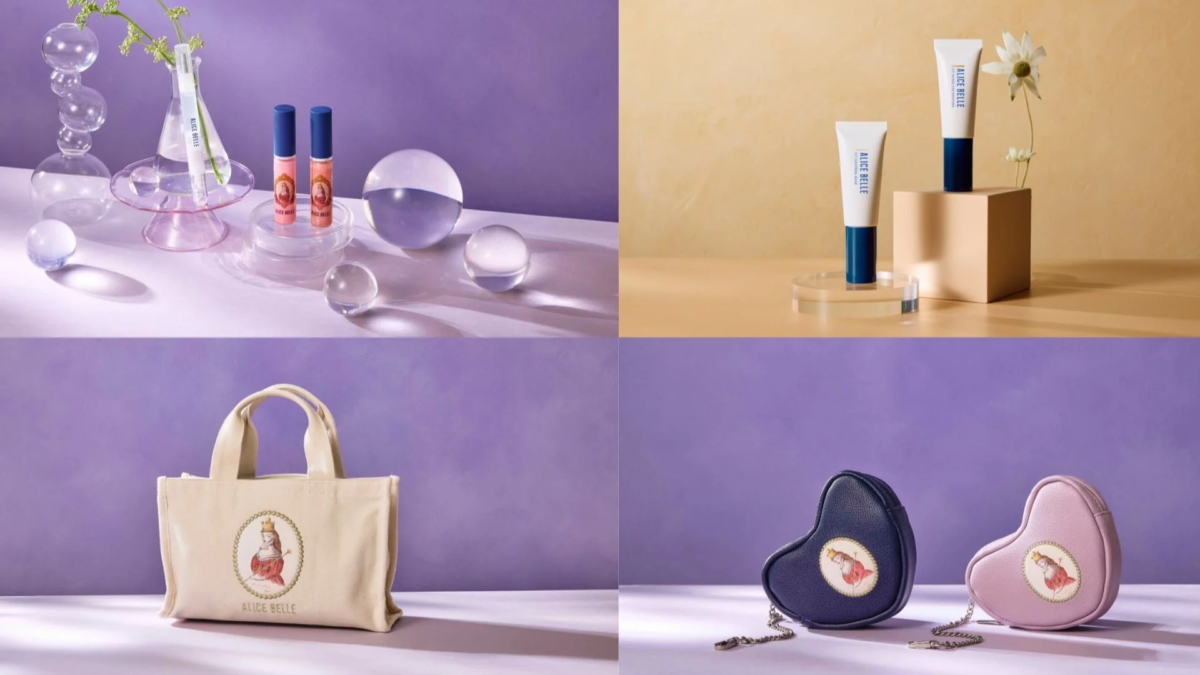 Productos de maquillaje ALICE BELLE y bolsa tote